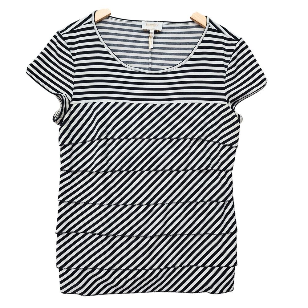 Laundry Shelly Segal Top L 90s Boho Tiered Black White Striped Layering Shirt - Picture 8 of 13